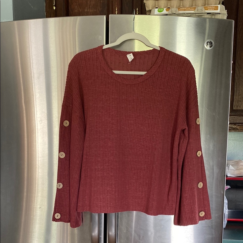 Lazy Sunday women’s Rust/Red Ribbed Sweater with Buttoned Sleeves